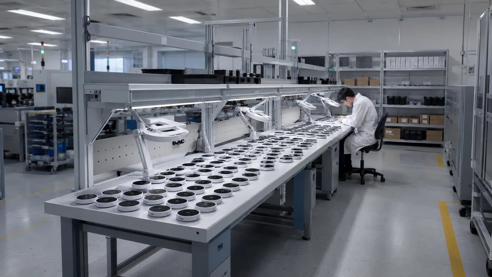 Rows of round payment terminals on a production-line inspection bench
