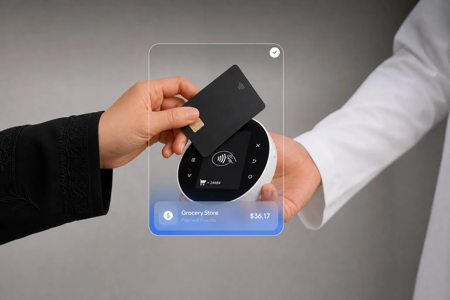 A customer tapping a contactless card on a countertop payment terminal, with the transaction confirming on screen