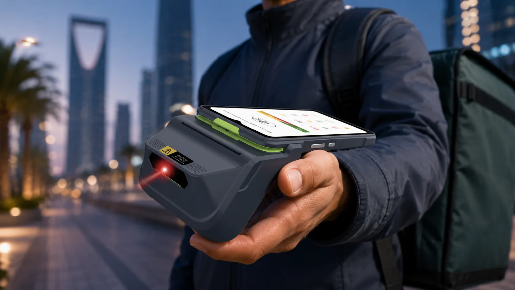 A field worker holding a rugged mobile terminal on a Riyadh street