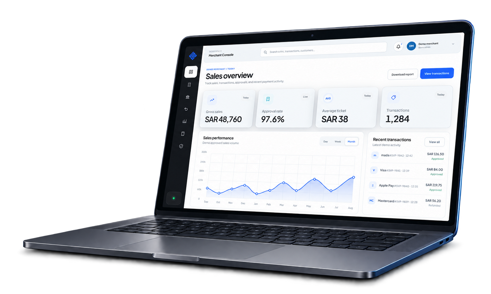 Demo Merchant Console dashboard shown in a graphite laptop